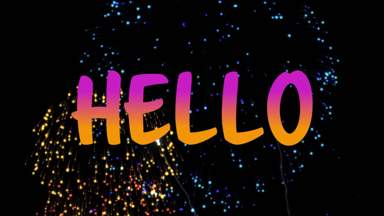 Animation of hello over fireworks on black background
