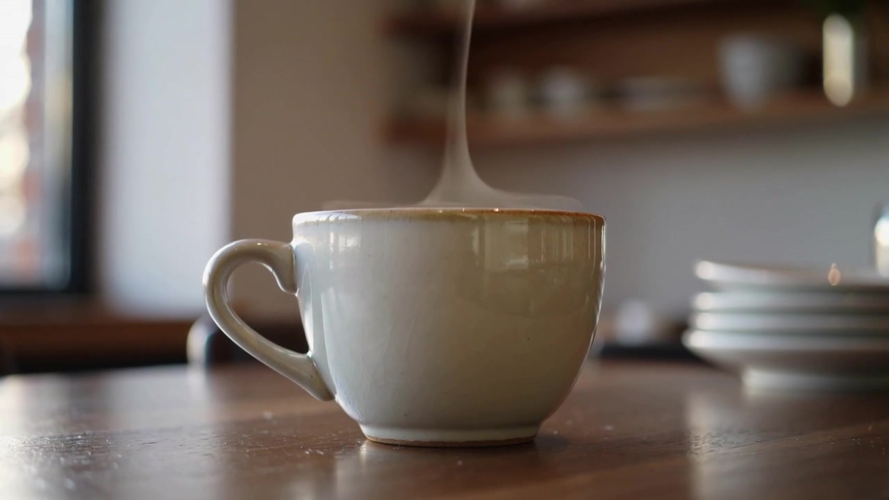 Tazza di ceramica bianca che rilascia vapore dopo essere stata versata, appoggiata su un bancone di legno con piatti e scaffali