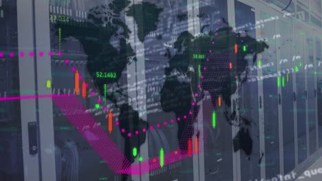 animation of data processing and world map over computer servers