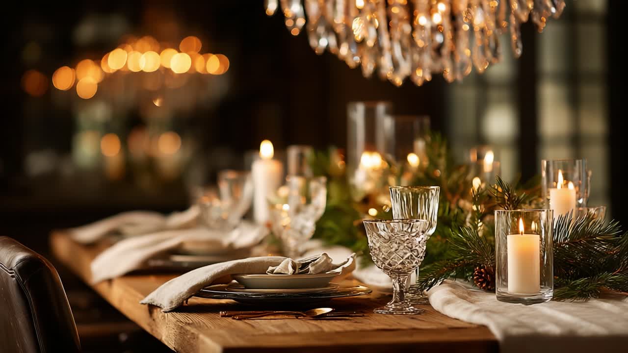 Elegant Dining Table Decorated for a Festive Celebration with Soft Lighting, Lush Greenery, Crystal Glassware, and Flickering Candles Creating a Warm, Inviting Atmosphere