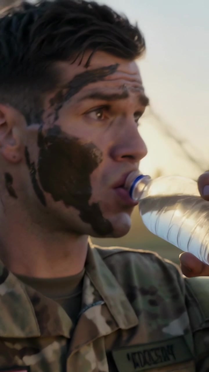 Video vertical: Soldado con camuflaje secándose la frente, bebiendo de una botella al anochecer con pintura facial de camuflaje, con espacio para texto.