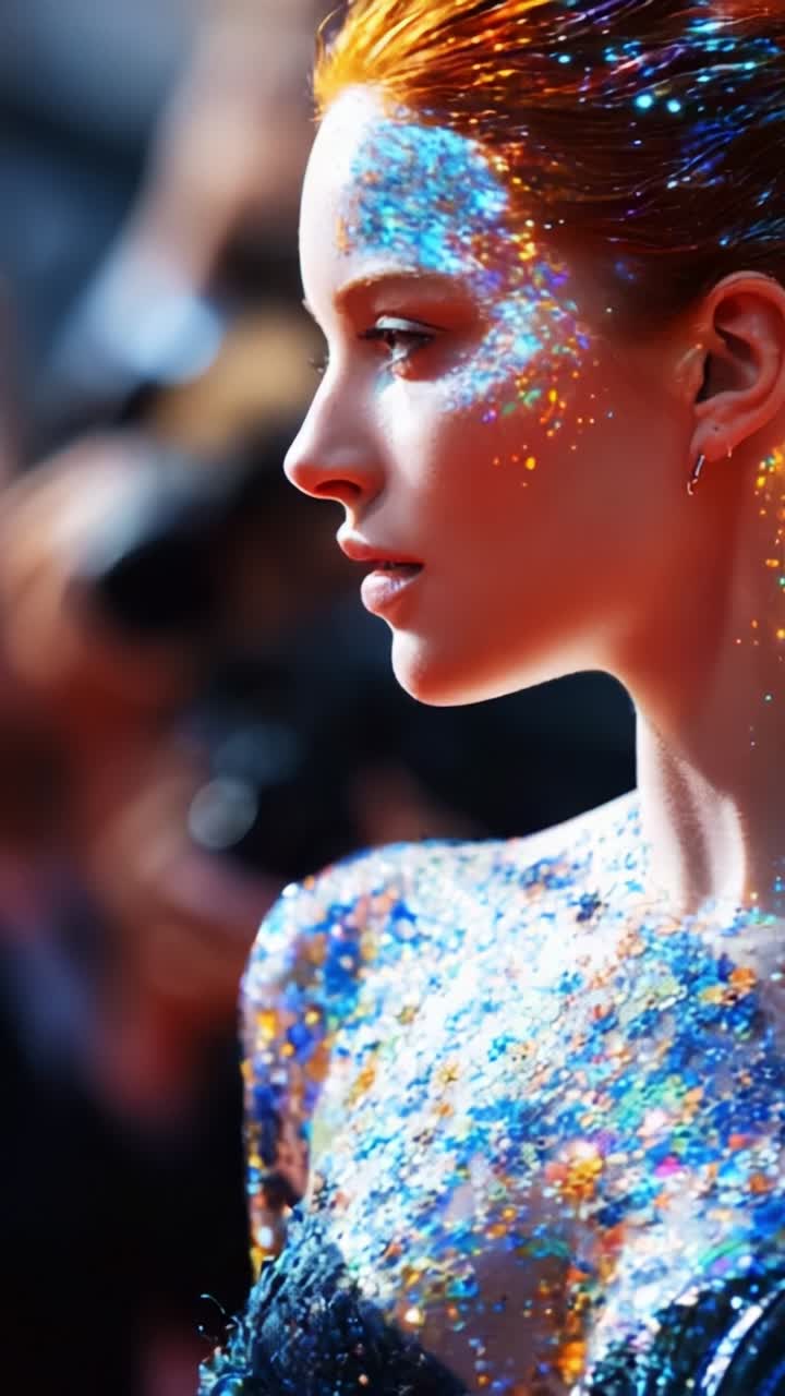 A mesmerizing portrait of a woman with radiant, colorful glitter artwork on her skin, showcasing beauty and creativity in a stunning, cinematic ambiance
