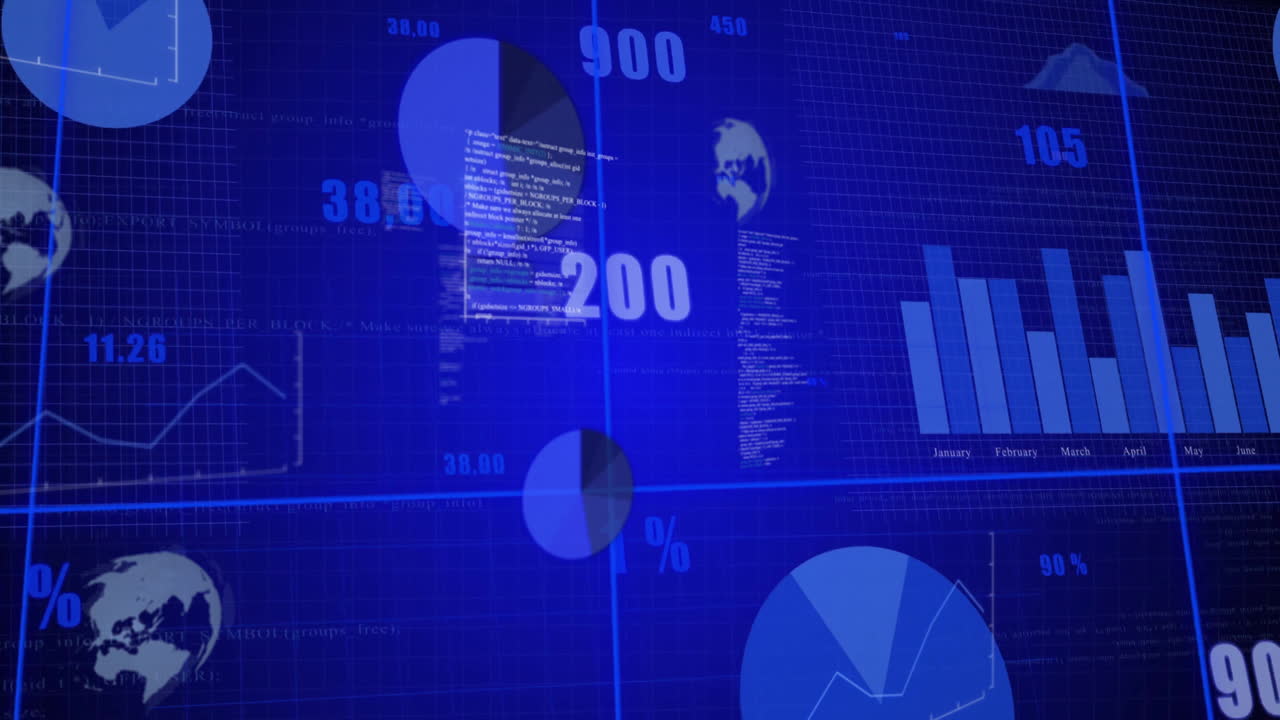 Displaying animation of global statistics with data visualizations on blue interface