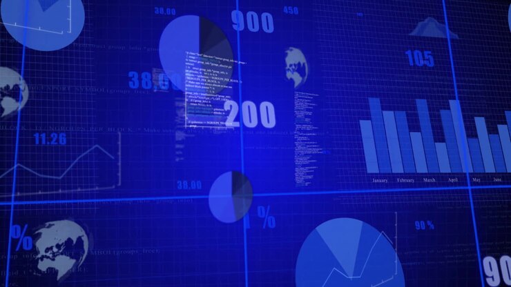 Displaying animation of global statistics with data visualizations on blue interface