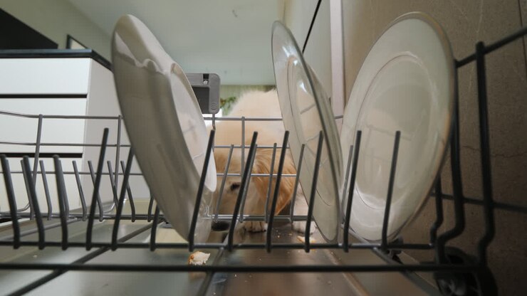 Funny dog collects leftovers from the dishwasher. Funny videos with pets