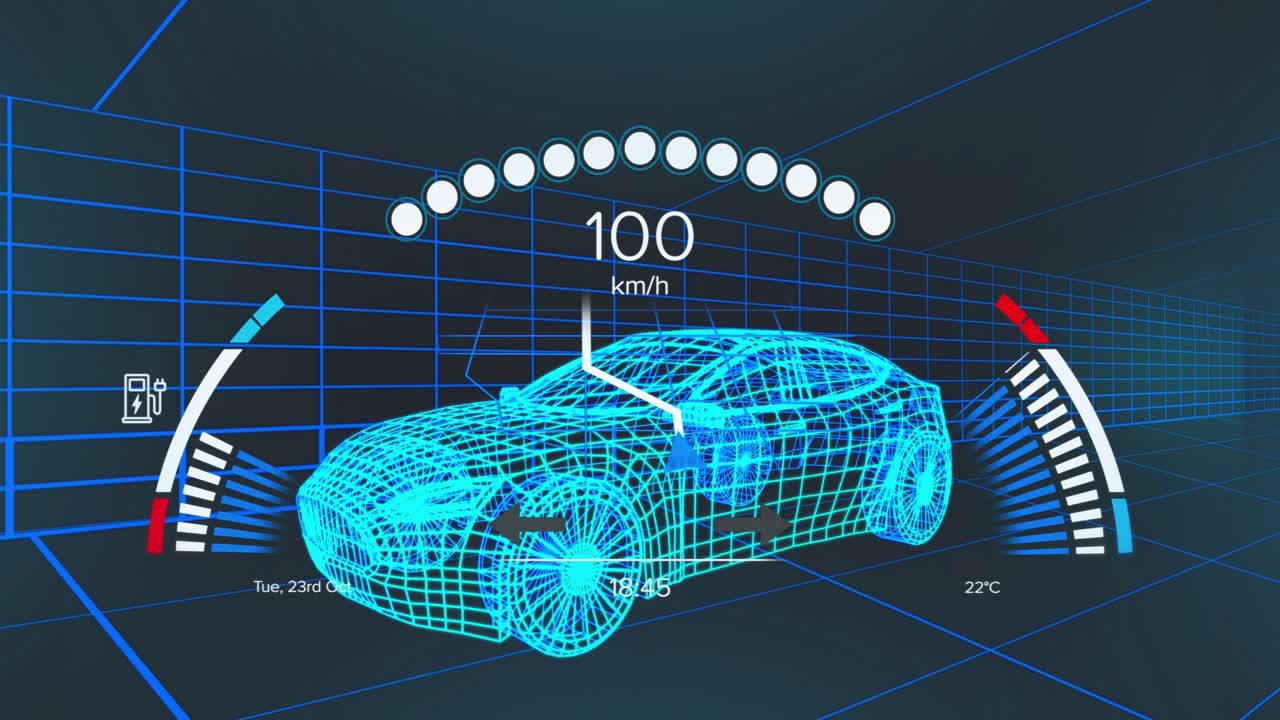 Simulation starting at 11 km or h with 3D car accelerating then slowing while visualizing performanc