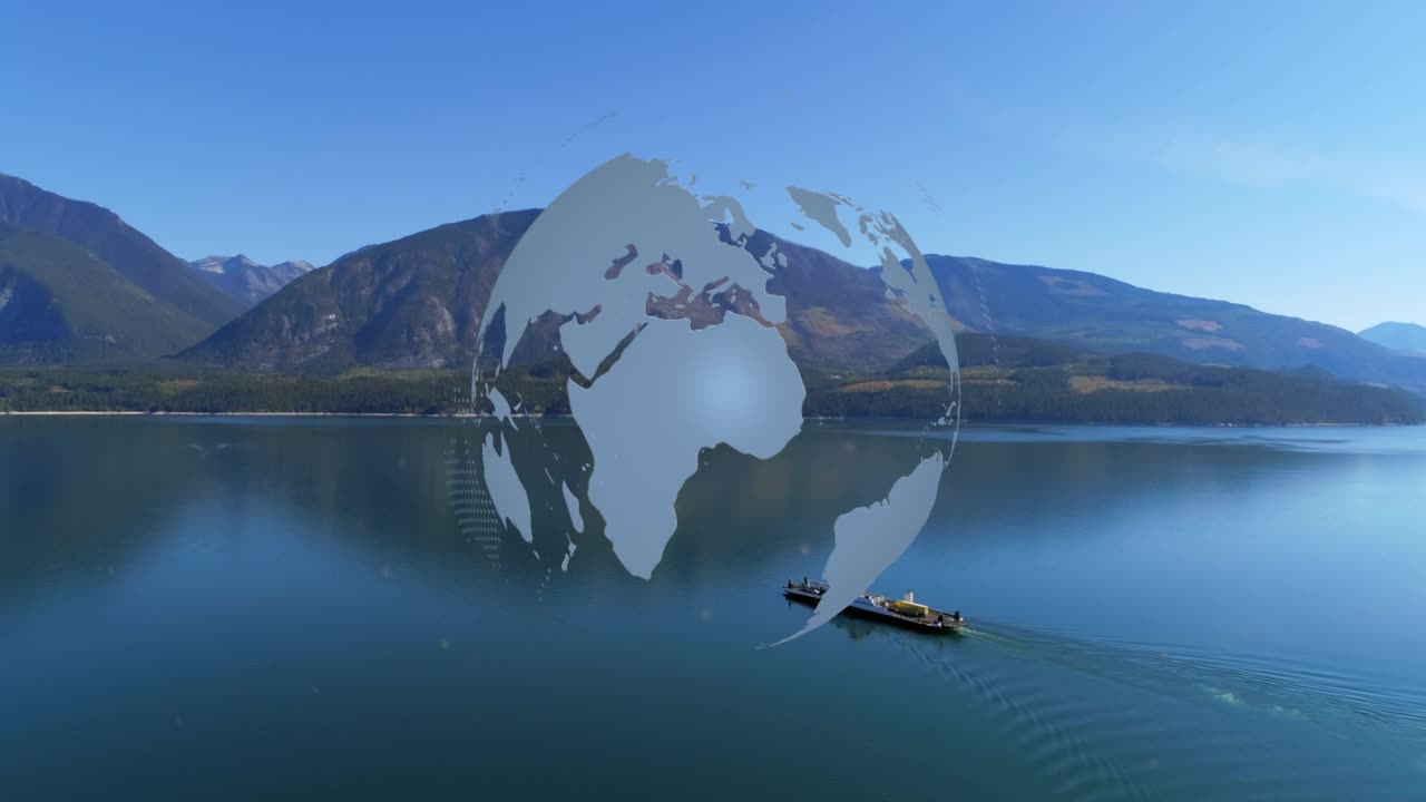 Globe appearing over lake, rotating as barge moving left leaving wake, representing global trade