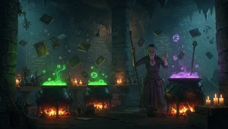 a mysterious sorceress in a dimly lit alchemy lab brewing colorful potions surrounded by ancient books and mystical artifacts