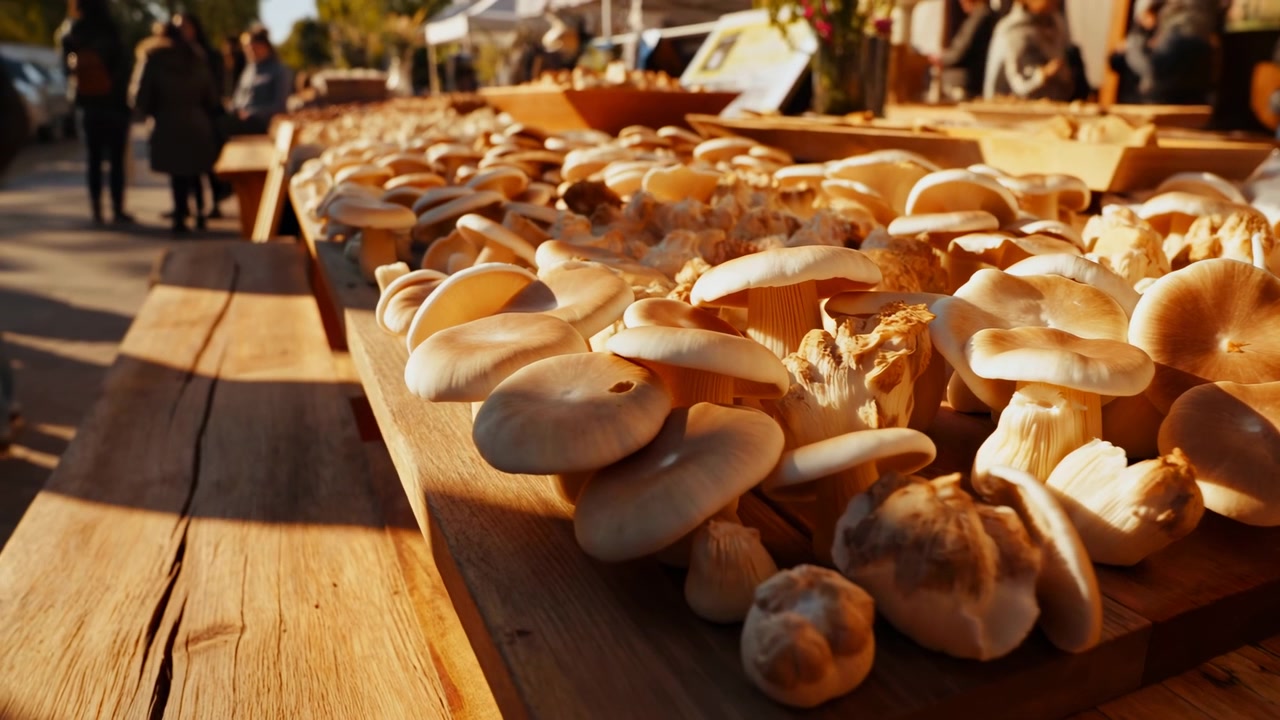 Denso grappolo di funghi ostrica su assi di legno stagionate in un mercato contadino all'aperto, con cappelli beige pallido, lamelle visibili, gambi strappati, texture terrose, luce solare soffusa e acquirenti sfocati sullo sfondo.