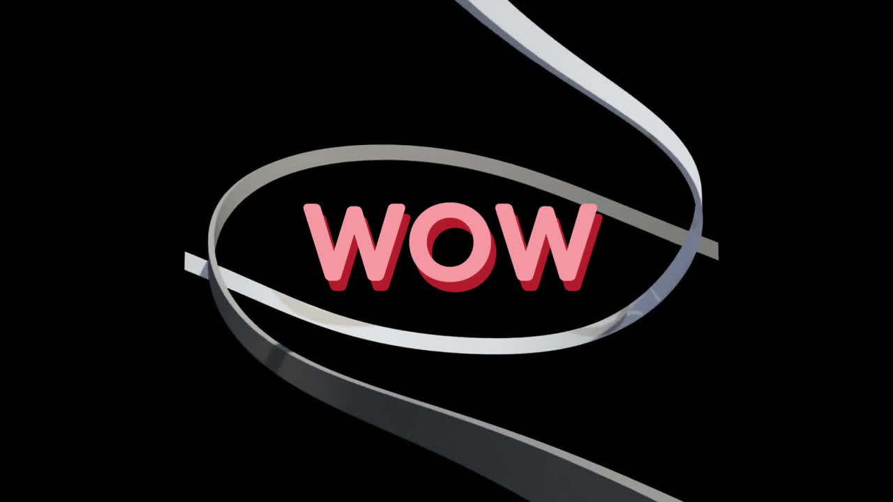 검은색 배경에 휘어지는 리본의 애니메이션 위에 와우 텍스트