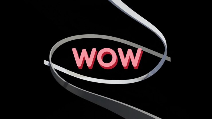 Testo WOW su animazione di nastri attorcigliati su sfondo nero