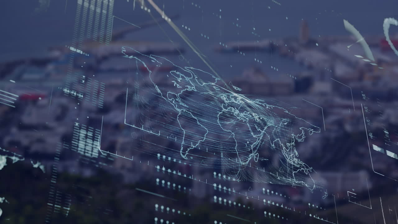 Animation of globe, loading bars and map against aerial view of port in background