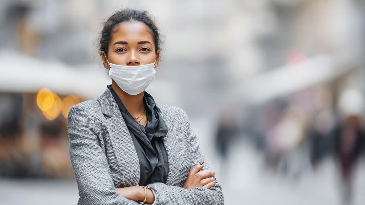 A confident woman wearing a mask poses for the camera in a bustling urban environment, showcasing resilience and composure during challenging times