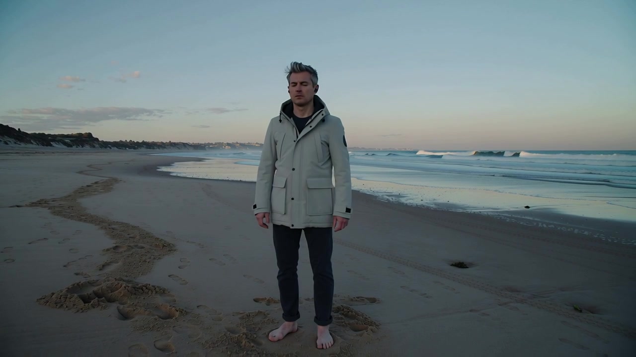 Noticing incoming waves, man in parka shifting on wet shore, leaving barefoot footprints