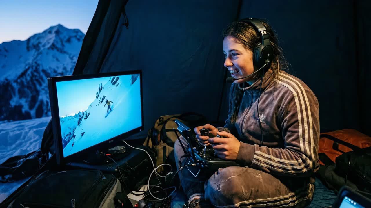Woman Gaming in a Tent with Mountain View