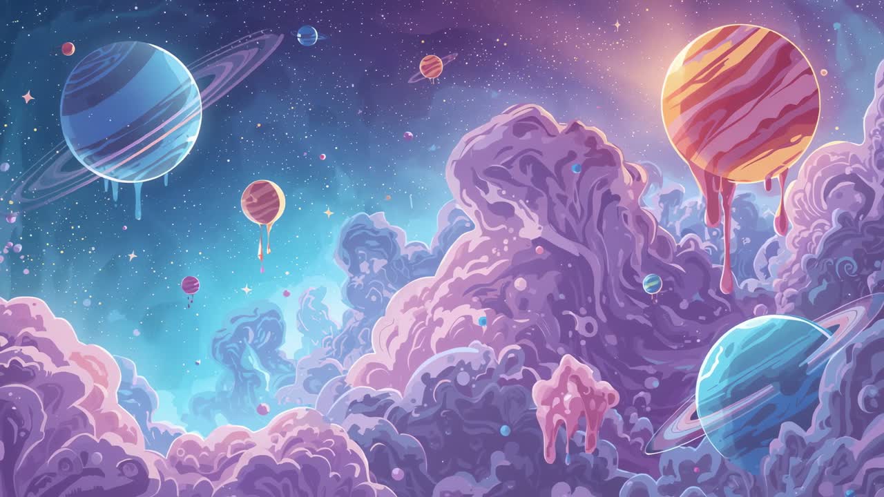 Displaying cosmic panorama with swirling purple nebula in outer space, featuring colorful planets