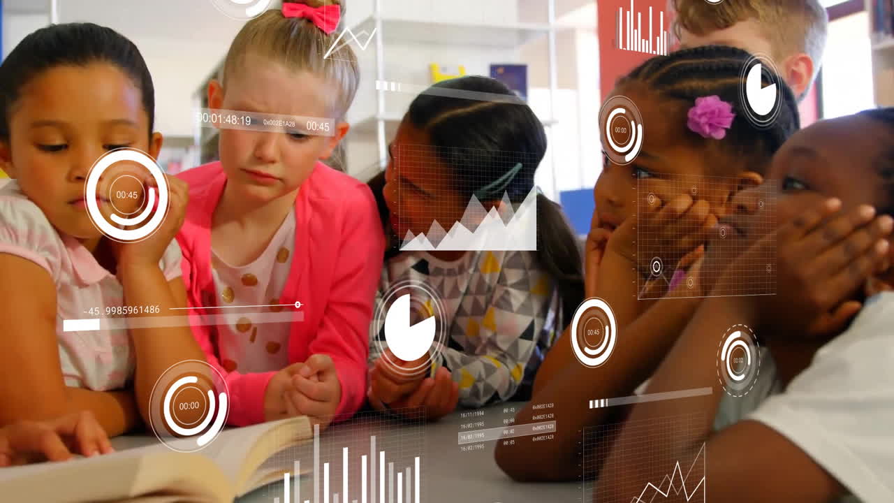 Animation of data processing and diagrams over diverse female teacher and schoolchildren learning