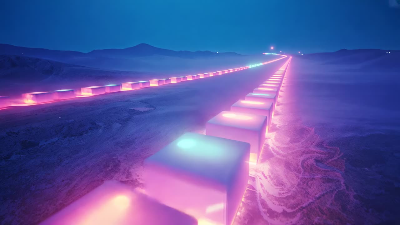 Initiating camera gliding forward toward horizon across magenta cubes, cycling cyan to yellow tops