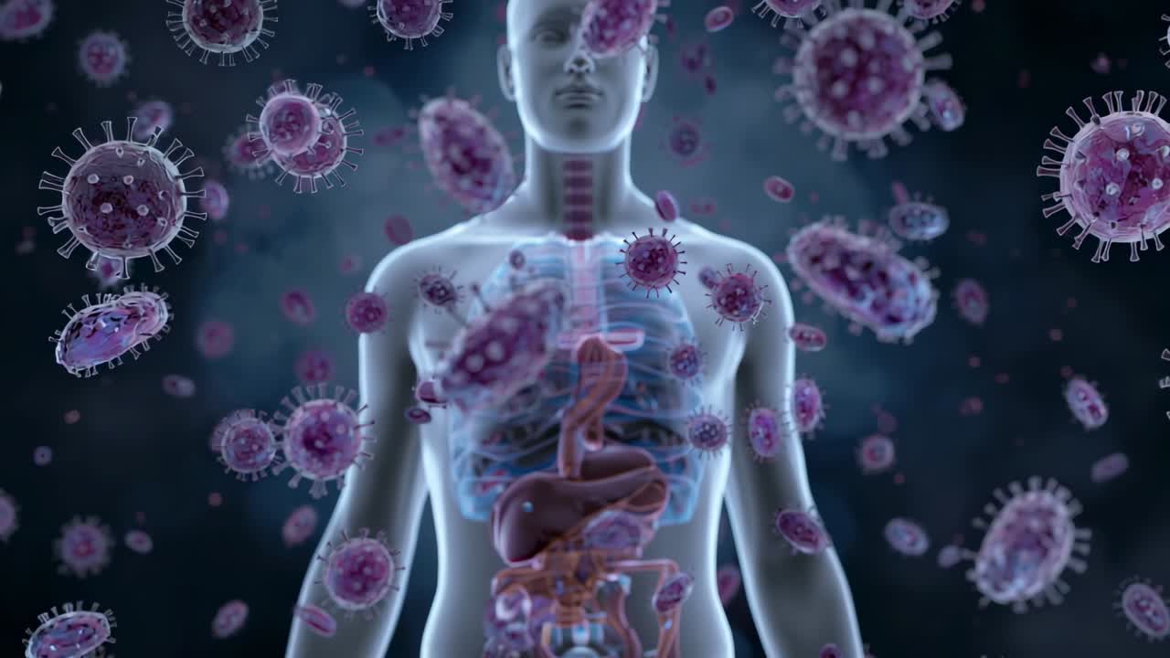 Entering frame viral particles drifting around torso revealing organs in cell, signaling infection