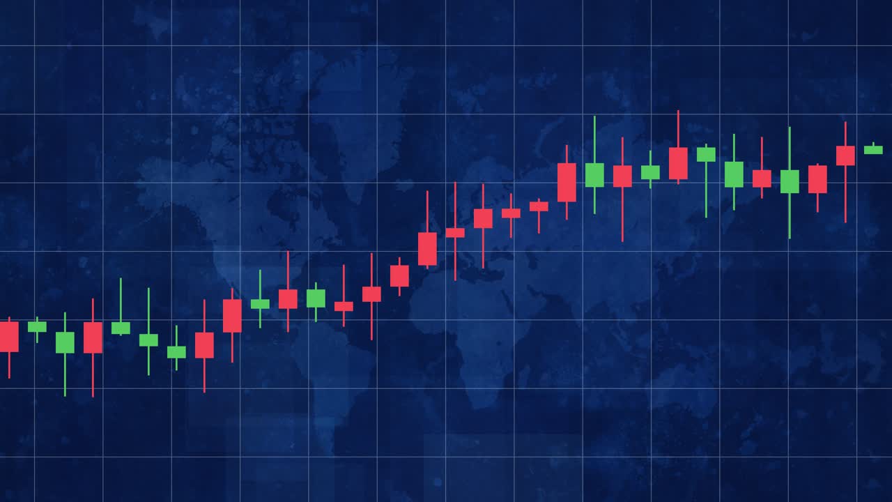Scrolling candlestick chart financial data grid overlay with abstract blue world map background