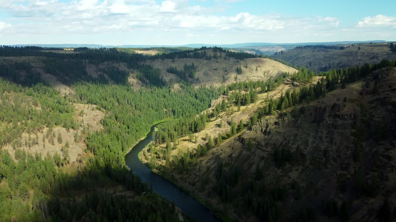 US, Oregon, Wallowa, 2025-08-18 - Drone view of the Wallowa river just downstream from where it meets the Minam river. In summer