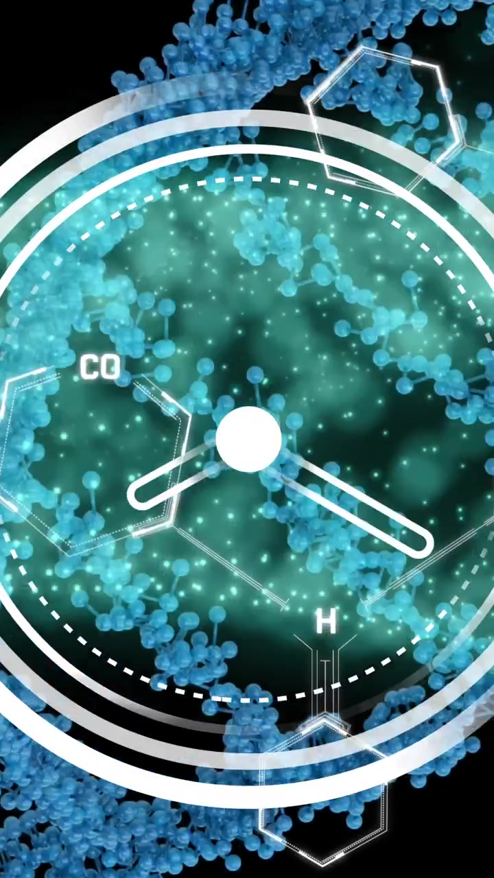 黑色背景上，由點狀構成的DNA雙螺旋和分子結構上方懸浮著數字時鐘的動畫。