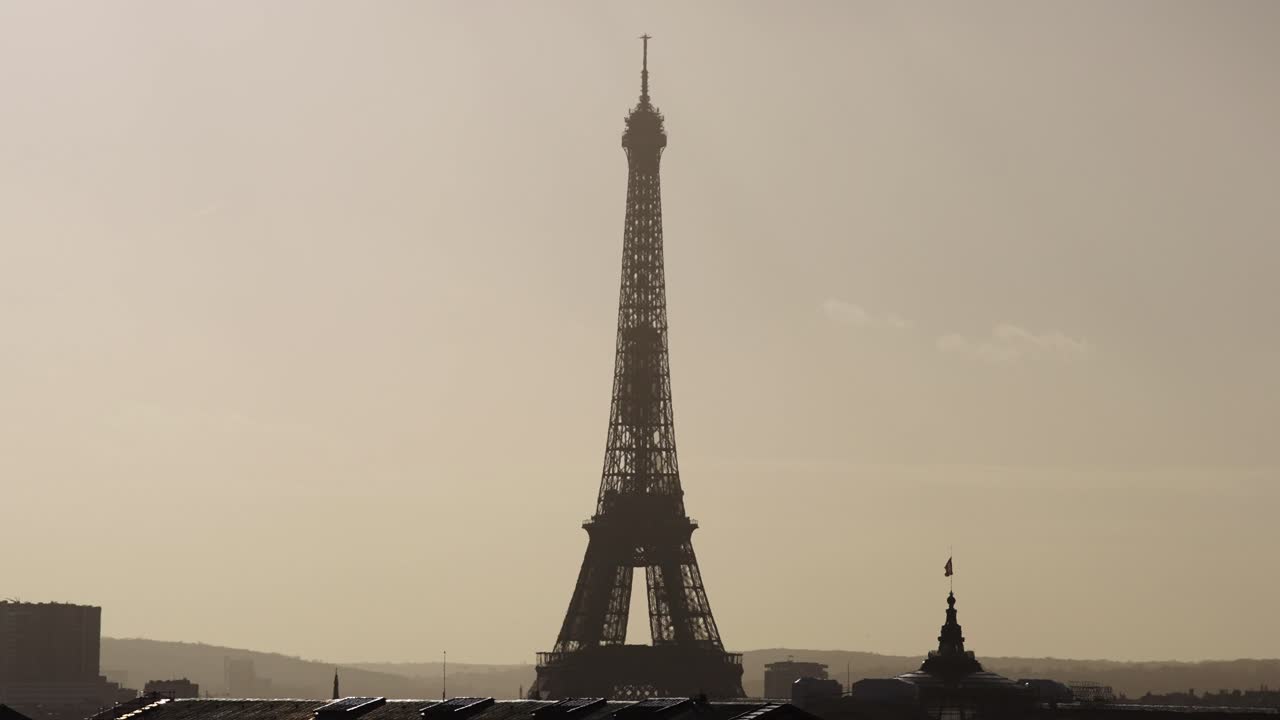 vista brumosa de la torre eiffel durante la hora dorada con tejados y pájaros en cámara lenta 4k 60p