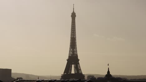 hazy view of eiffel tower during golden hour with rooftops and birds slow motion 4k 60p