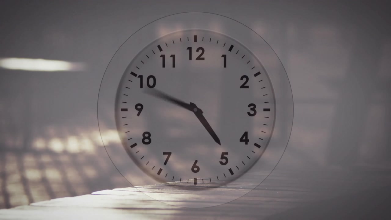 Animation of clock with fast moving hands over fast speed legs of pedestrians in dark street