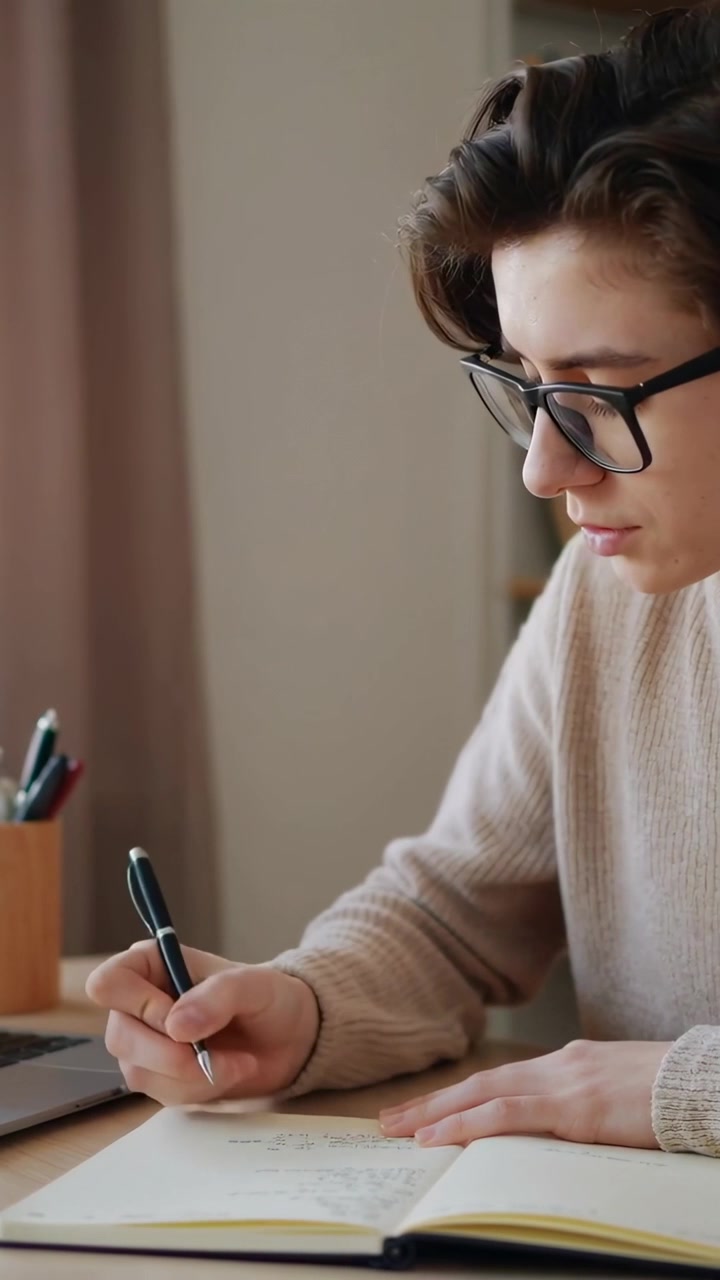 Video vertical: Mujer con gafas y suéter de punto color crema con la pluma en alto, tomando notas con un bolígrafo negro en un cuaderno en el escritorio.