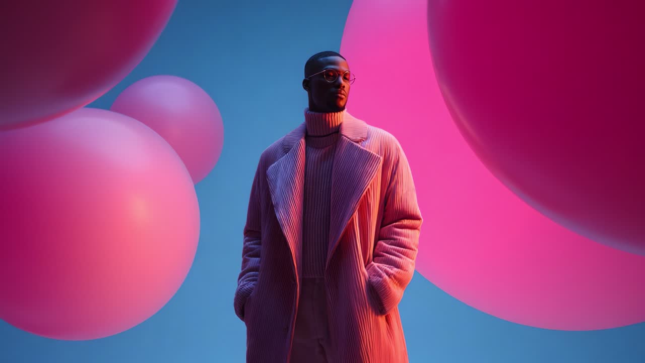 A Stylish Individual Poses Gracefully Among Vibrant Pink Balloons Against a Striking Blue Background, Making a Bold Fashion Statement with Contemporary Aesthetics and Unique Visual Harmony