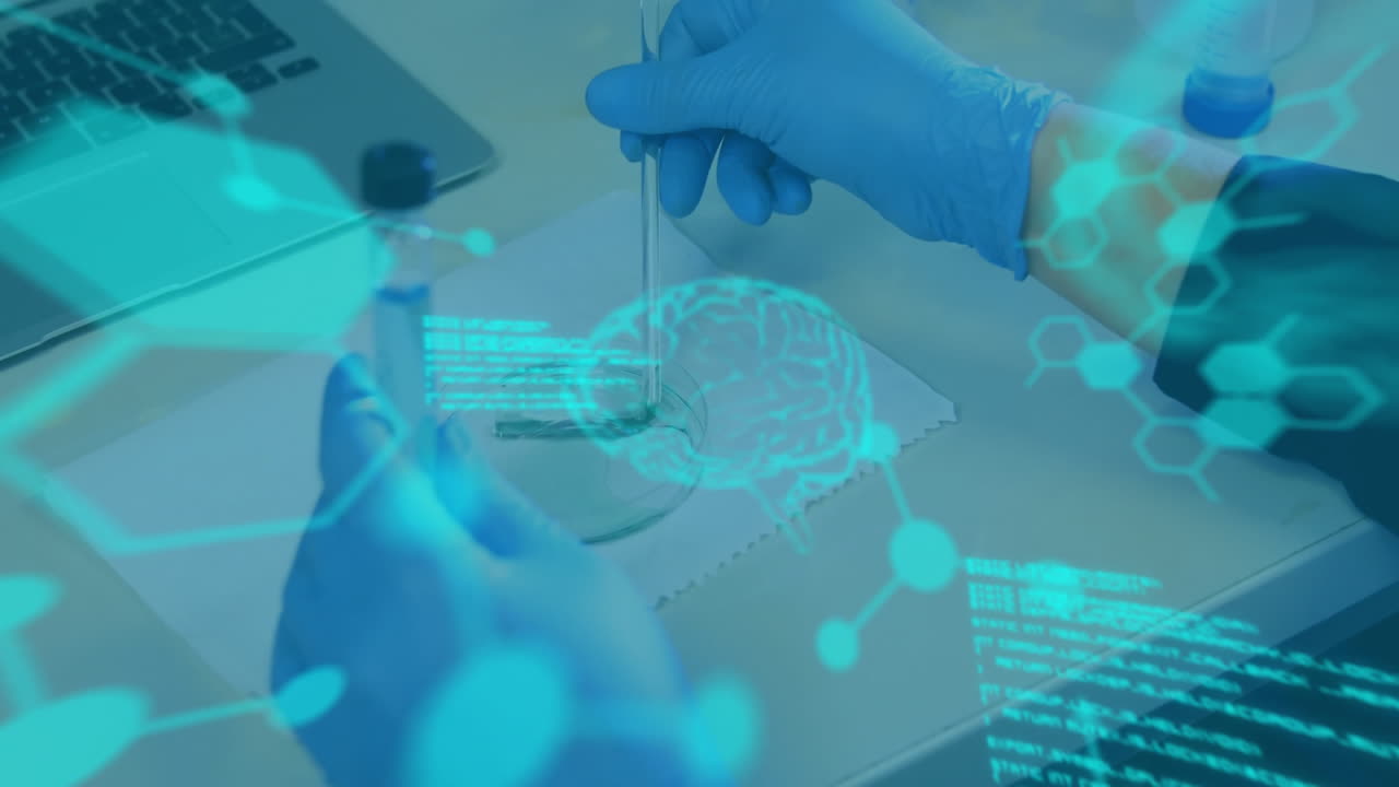 Animation of scientific data processing over biracial female scientist in laboratory