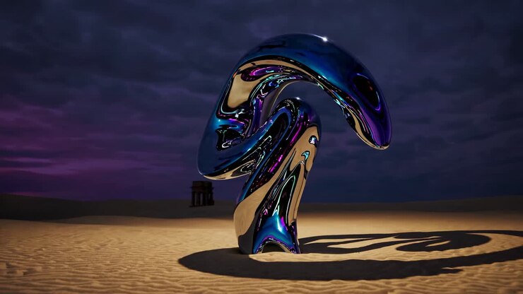 Abstract Metal Sculpture in Desert Landscape at Night