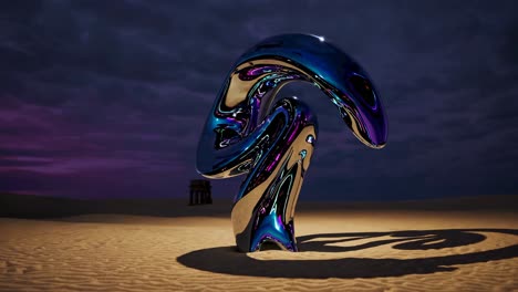 escultura metálica abstracta en el paisaje del desierto por la noche