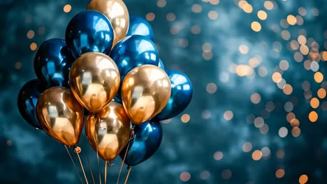 un montón de globos azules y dorados en un fondo azul