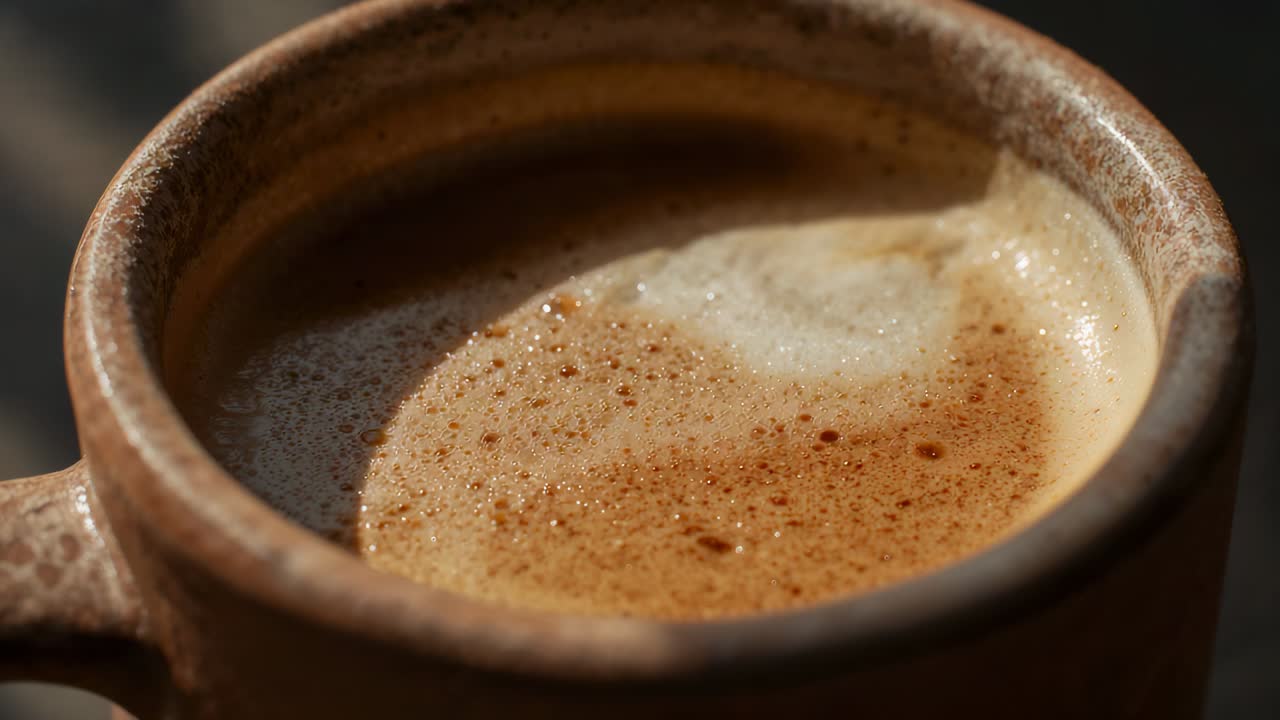 Lingering camera filming speckled ceramic mug on table, crema and bubbles shifting as coffee cools
