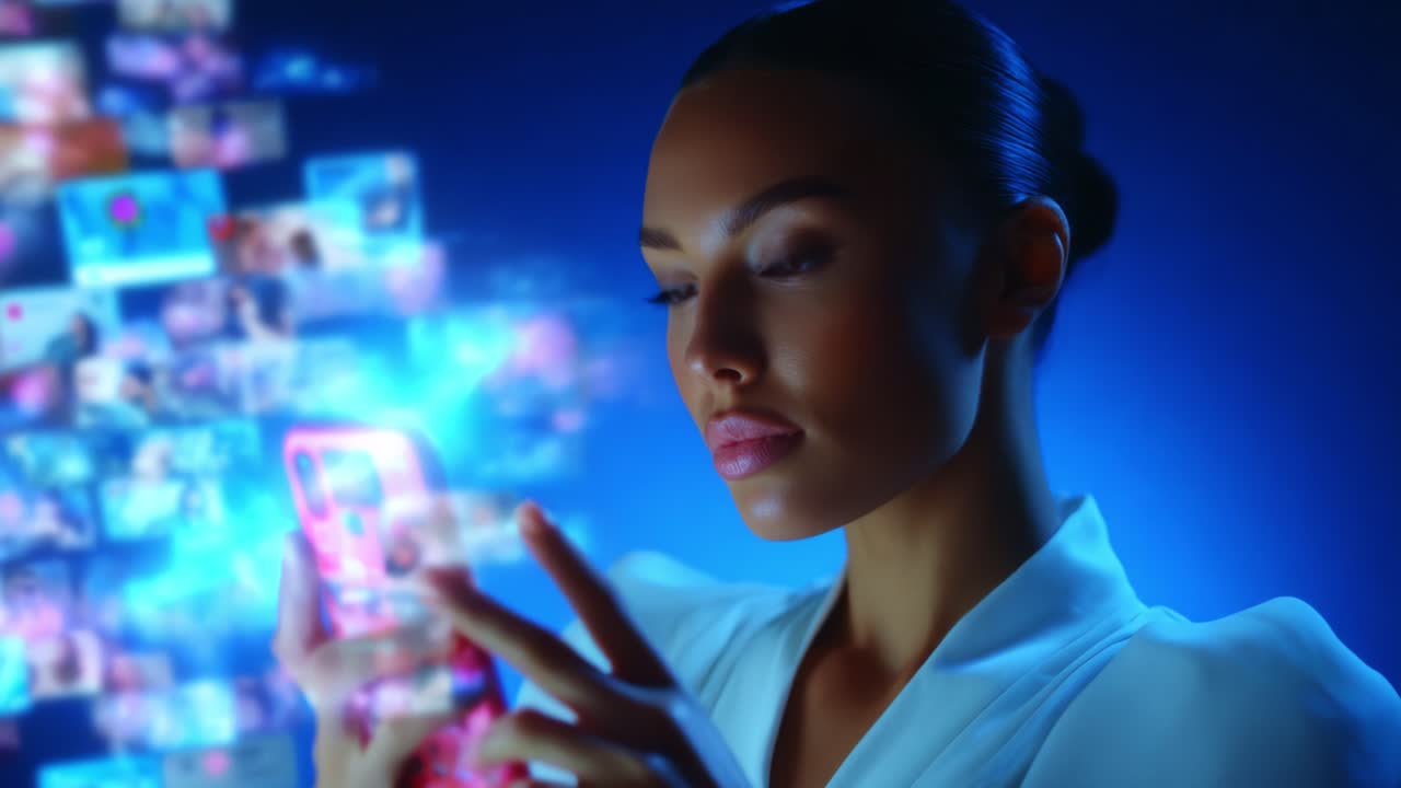 Engaged in the Digital Realm: A Captivating Glimpse of a Woman Interacting with a Smartphone Surrounded by Streams of Multimedia Content, Signifying the Power of Connectivity and Digital Communication
