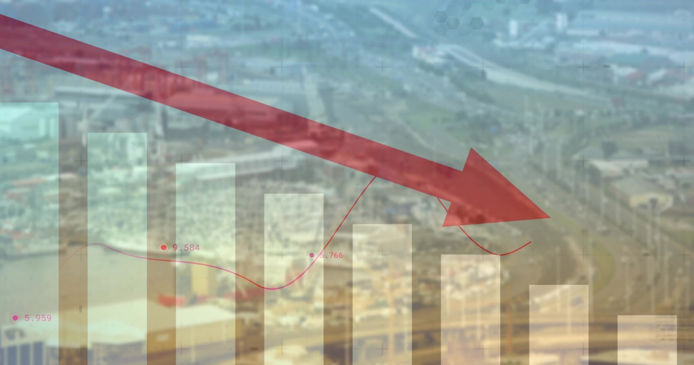 Starting bars, translucent overlay animating above aerial view, red arrow shifting, showing decline