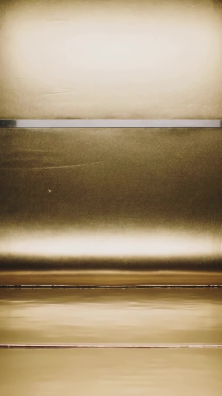 Vertical video: Fluctuating light revealing gold-bronze panel scuffs in elevator cabin, silver trim