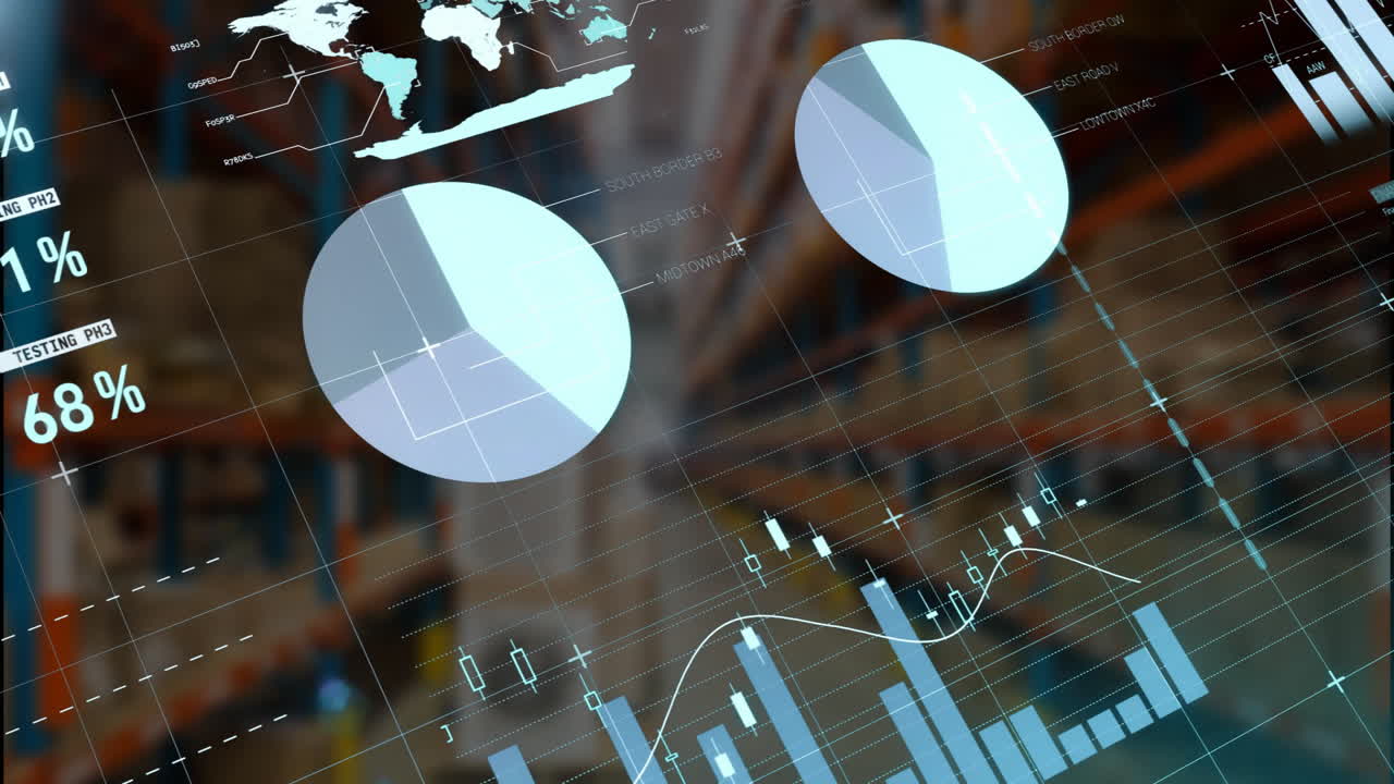 In warehouse, animation of data analytics and graphs illustrating logistics management
