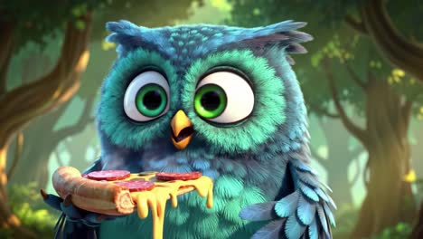 a delightful animated owl enjoying a cheesy slice of pizza amidst a lush forest setting, showcasing whimsical charm and playful expression