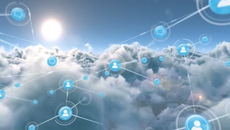 Animation-of-network-of-connections-with-icons-over-clouds-on-sky