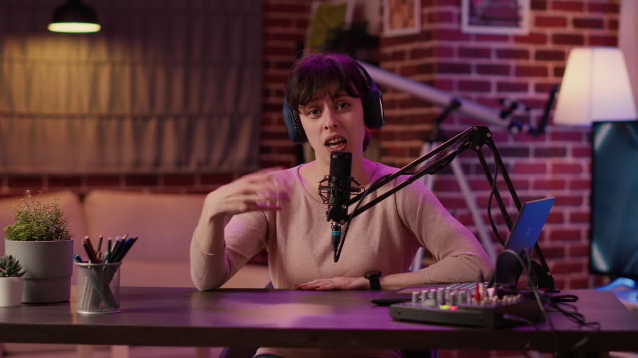 Portrait of woman with headphones smiling while streaming content from home studio sitting at desk