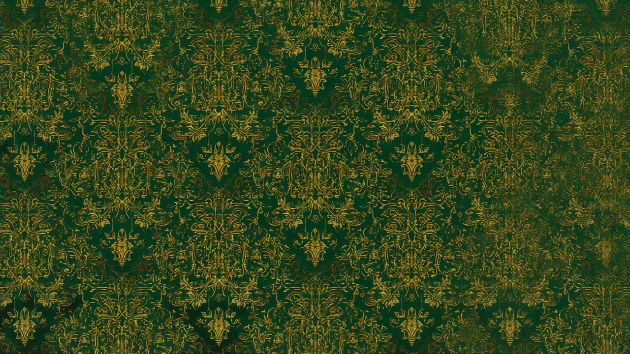 Starting camera panning across parlor wall, revealing ornate gold damask wallpaper repeating motifs