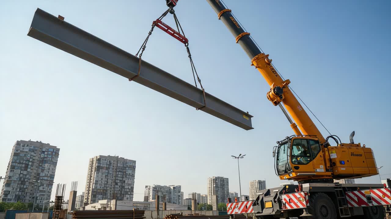 Heavy construction crane lifting a large steel beam at a building site, showcasing the strength and precision required for modern urban development