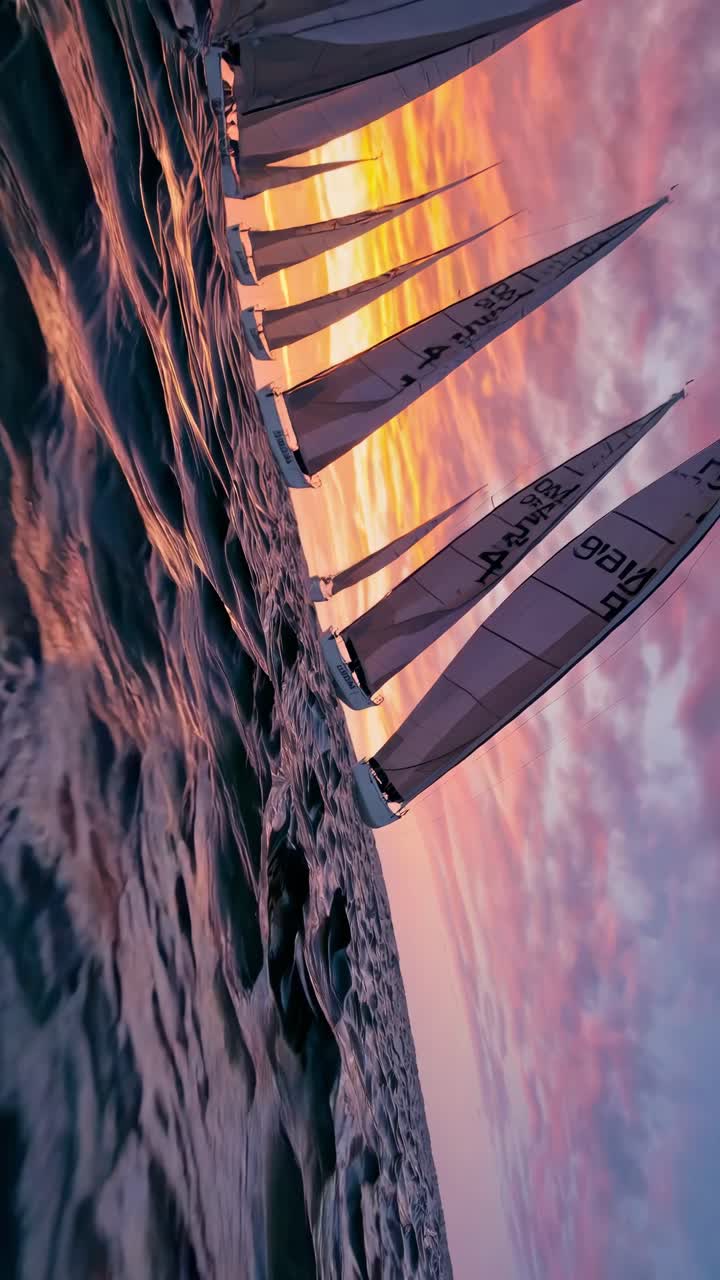 Dynamic low-angle shot of sailboats on choppy water at sunset, capturing the vibrant colors