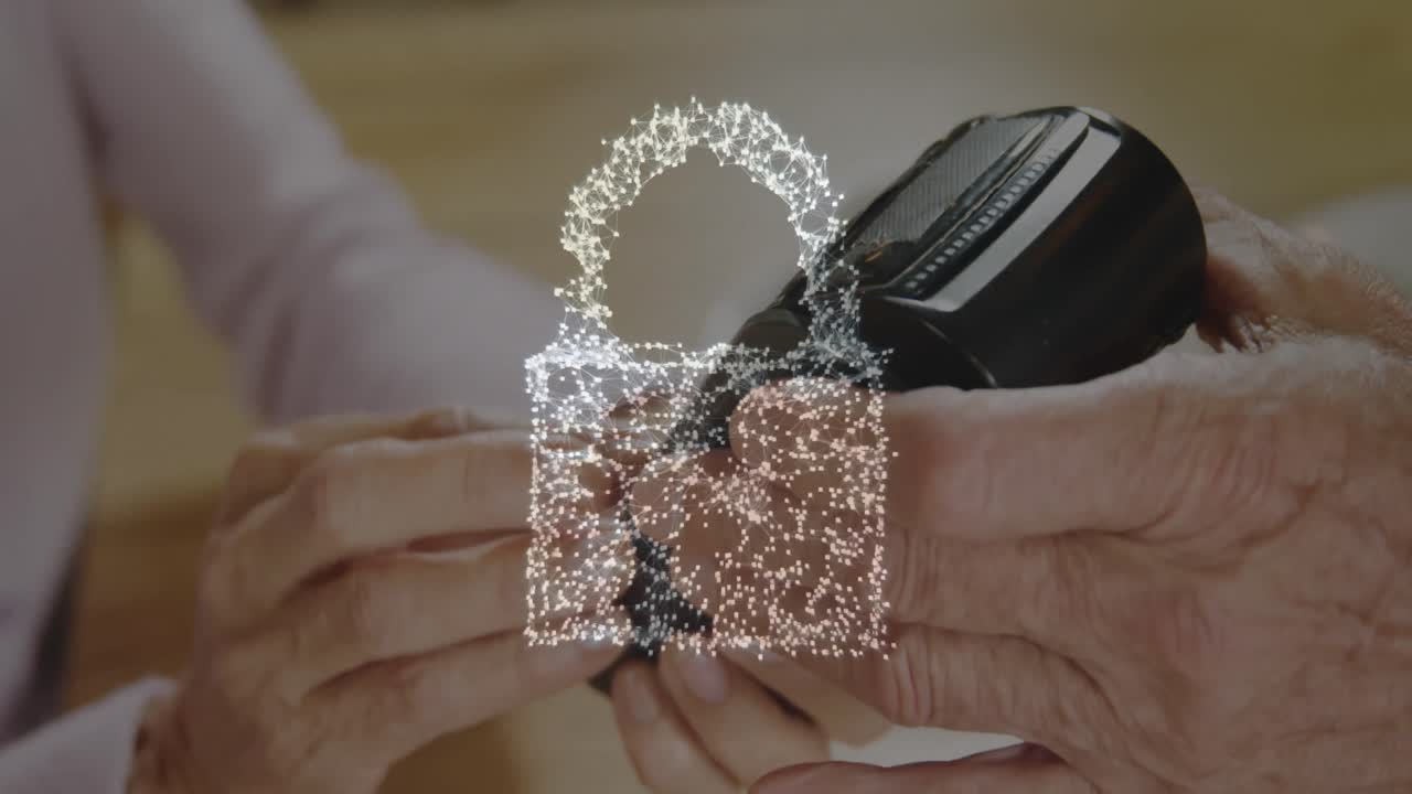 animación del candado de seguridad de la red sobre las personas que utilizan el terminal de pago