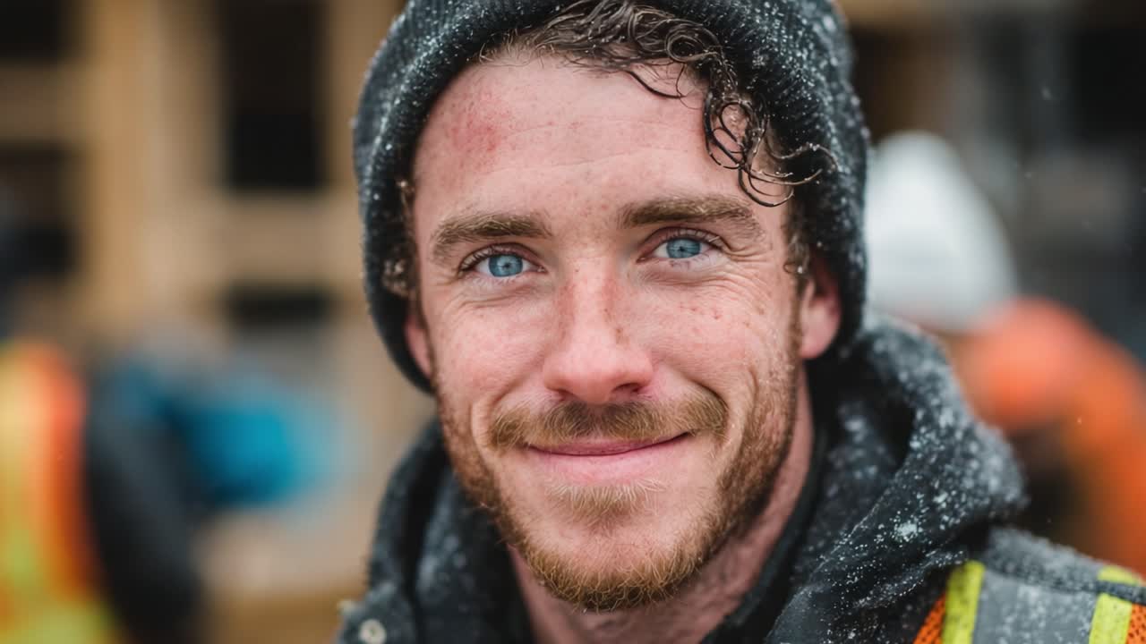 A Resilient Construction Worker Smiles Amidst Snowfall, Showcasing Determination and Joy in the Hardworking Environment of a Construction Site