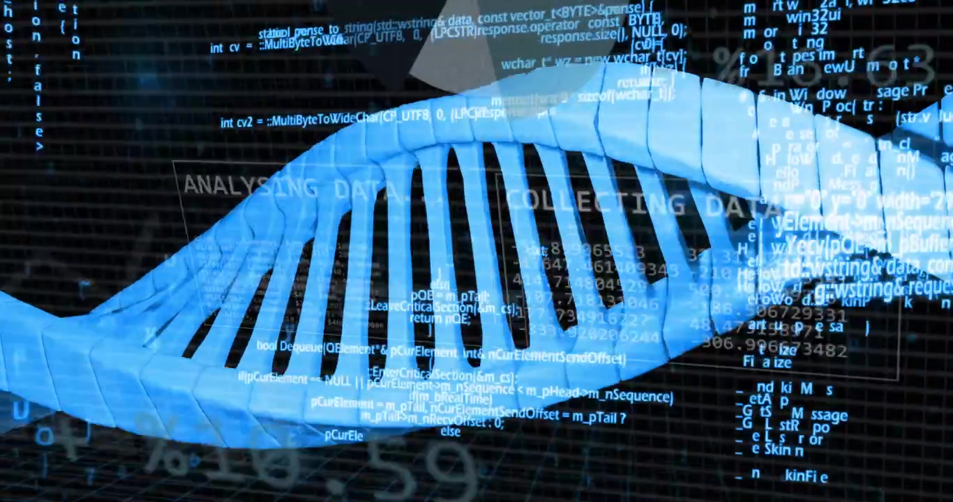Luminous blue DNA helix rotating as dim circular HUD appearing, overlaying code, visualizing data