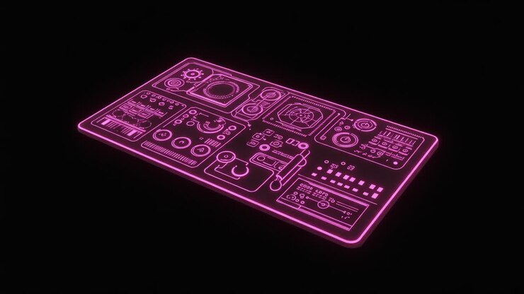 Pannello di controllo futuristico al neon che mostra varie interfacce e widget high-tech su sfondo scuro, con un sorprendente bagliore rosa